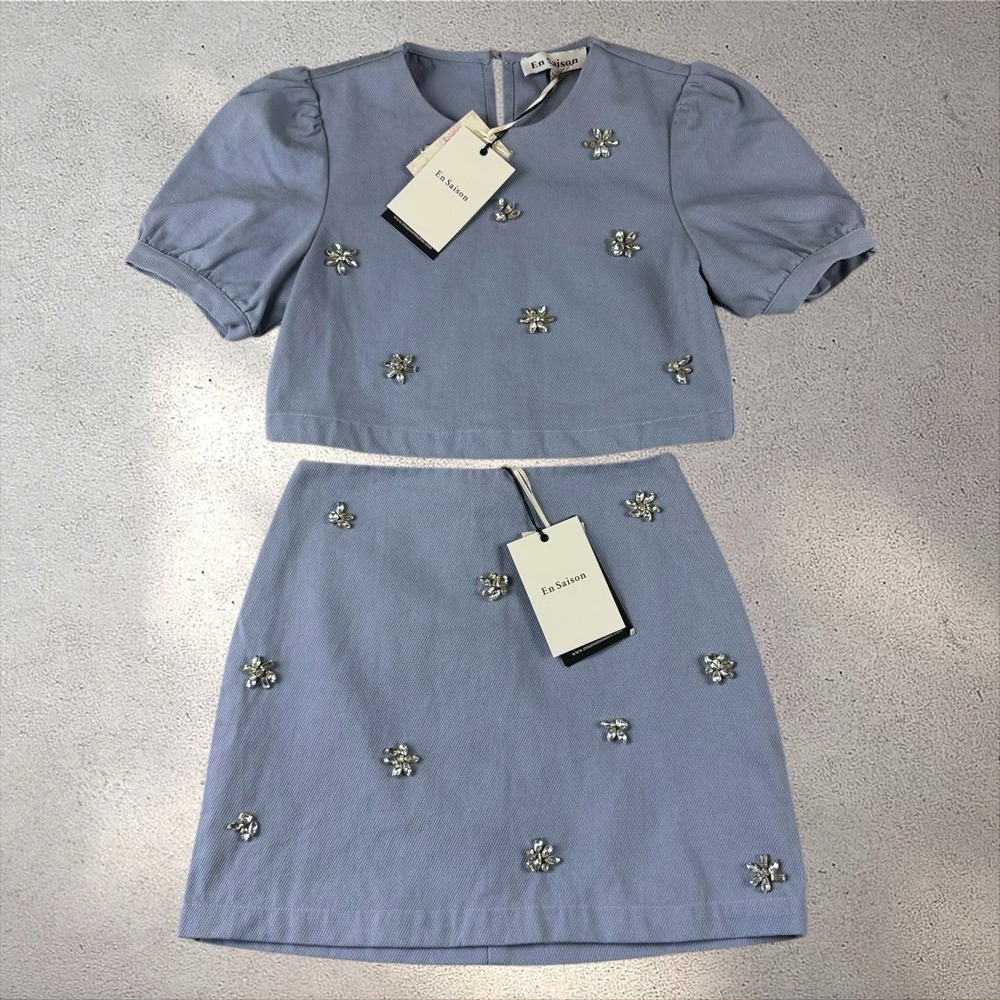 Anthropologie En Saison Bijou Lightweight Denim Blue Skirt And Top Set XS NWT - Picture 4 of 10